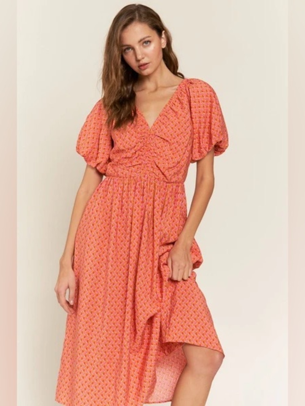 In the Beginning Apricot Midi Dress Puff Sleeves Size Small